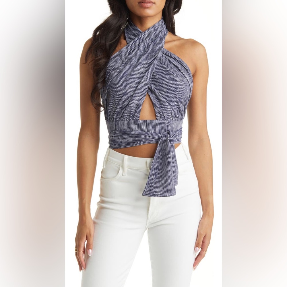 Vici Stripe Crop Crossover Halter Top